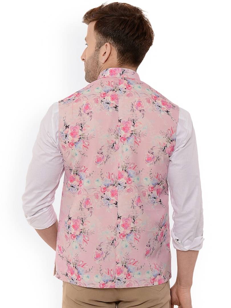 Men's Pink 
Cotton Blend
 Printed Nehru Jackets